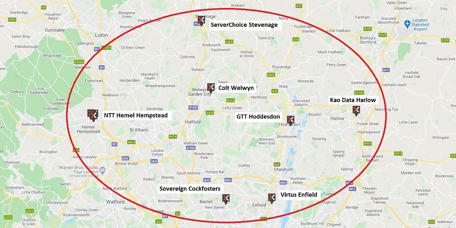 Map showing data centres in north London